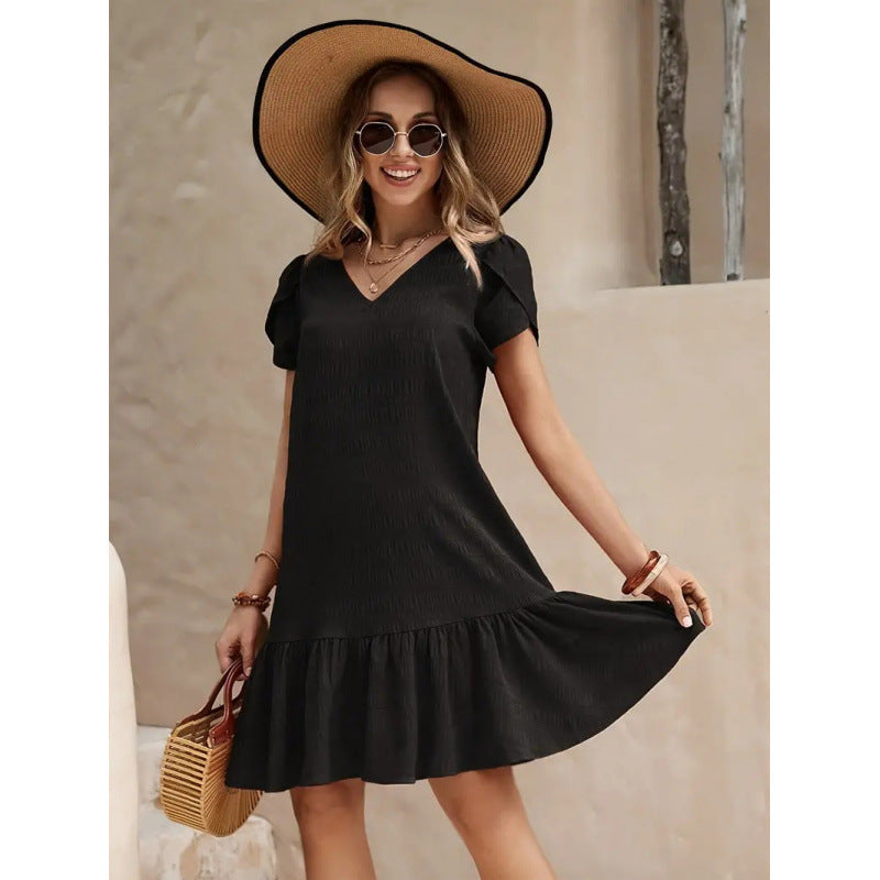 V-neck Solid Color Loose Casual Short Sleeve Dress