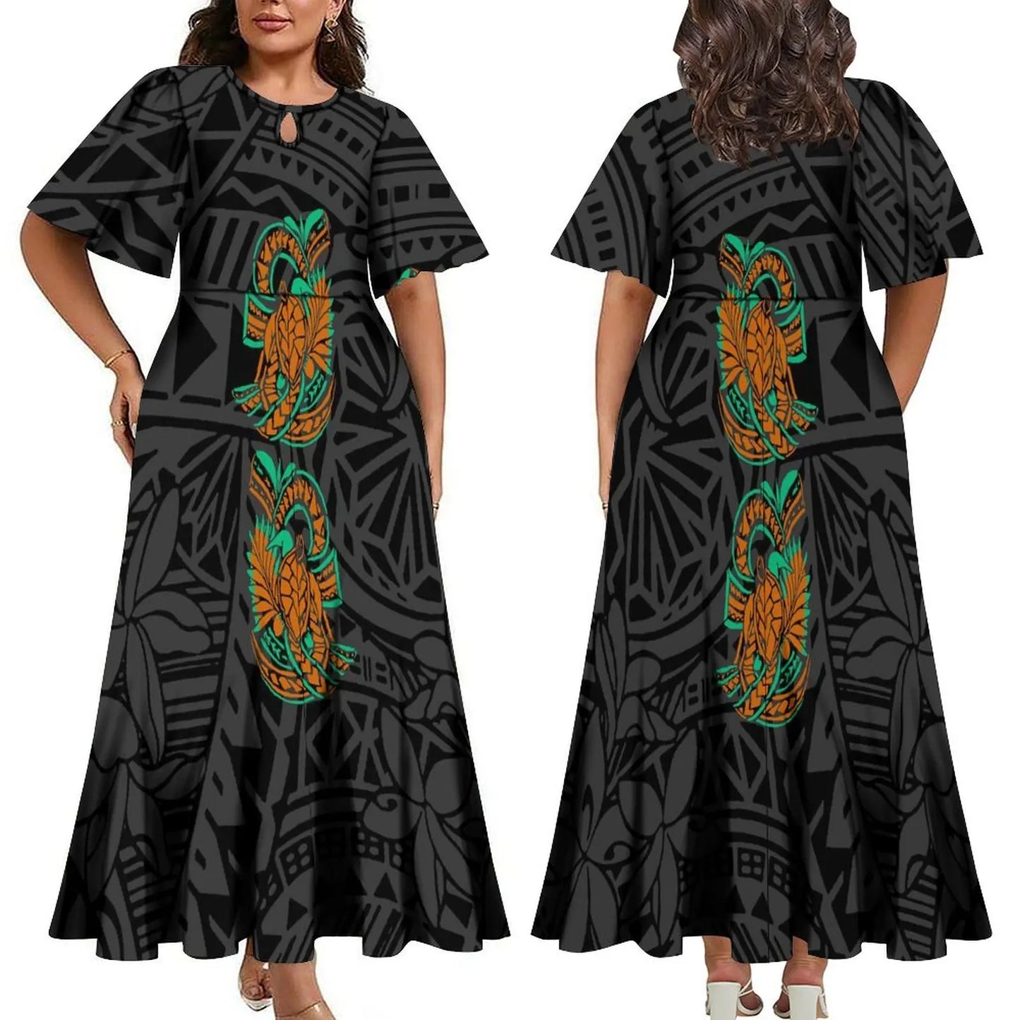 Women Elegant Plus Size Midi Pleated Polynesian Crew Neck Short Sleeve Dress