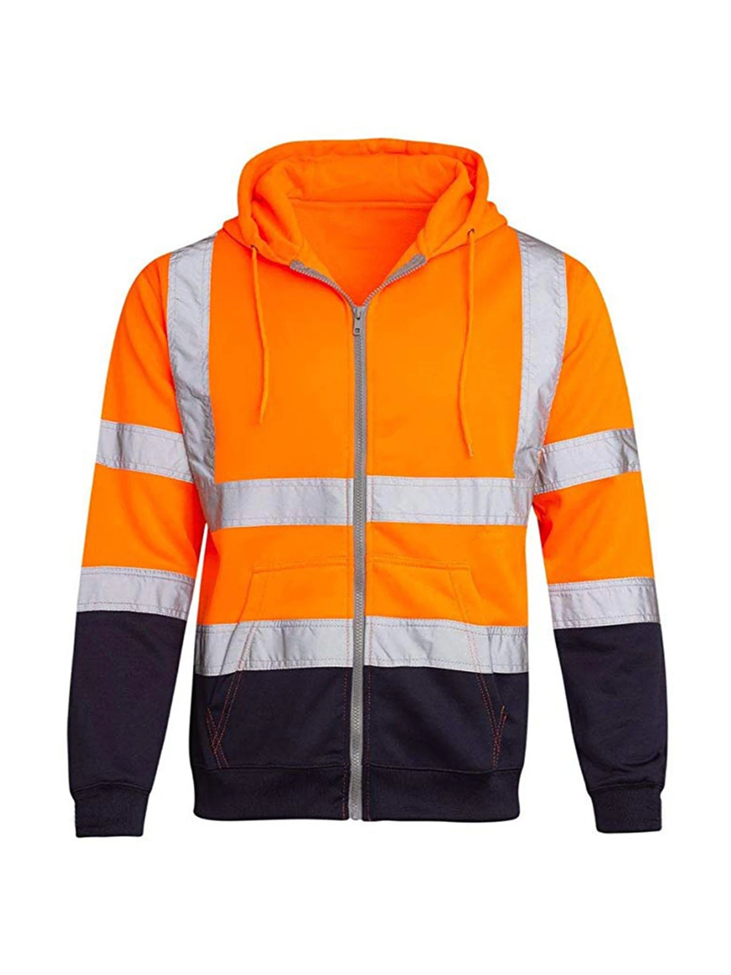 Mens High Visibility Jacket Long Sleeve Zipper Hooded Coat Hi-Vis Safety Reflective Sweatshirt
