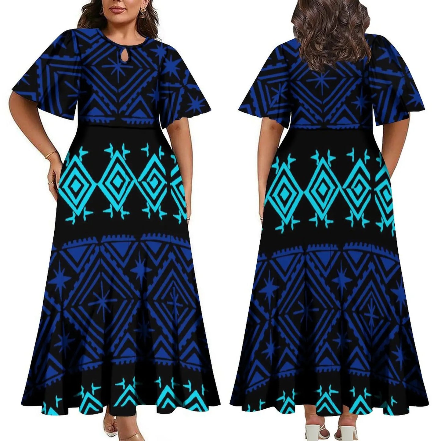 Women Elegant Plus Size Midi Pleated Polynesian Crew Neck Short Sleeve Dress
