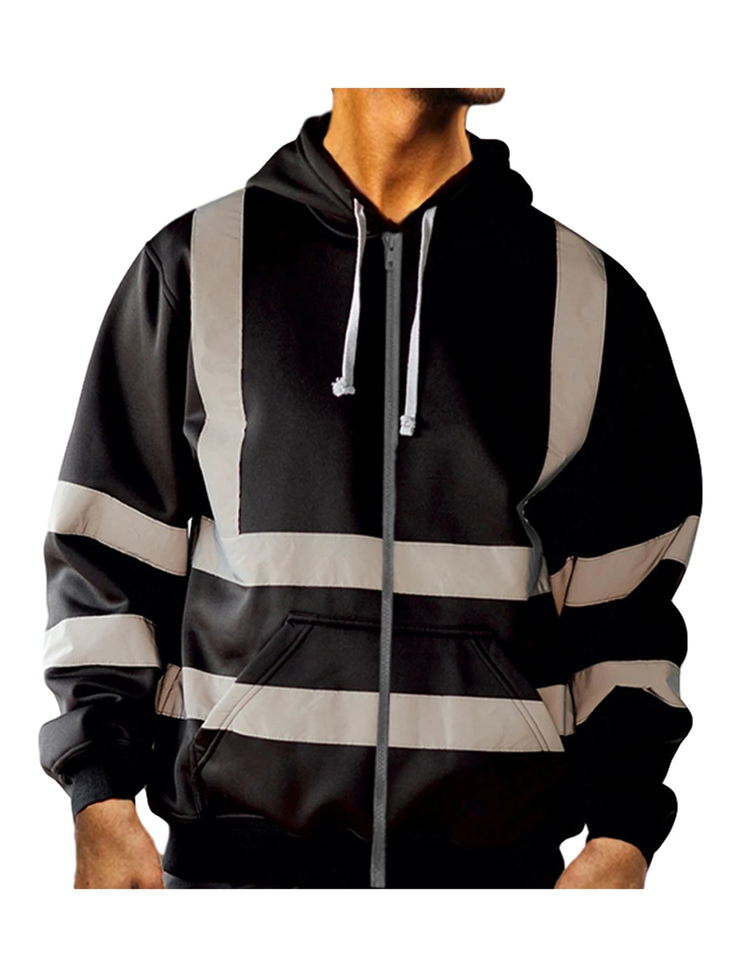 Mens High Visibility Jacket Long Sleeve Zipper Hooded Coat Hi-Vis Safety Reflective Sweatshirt