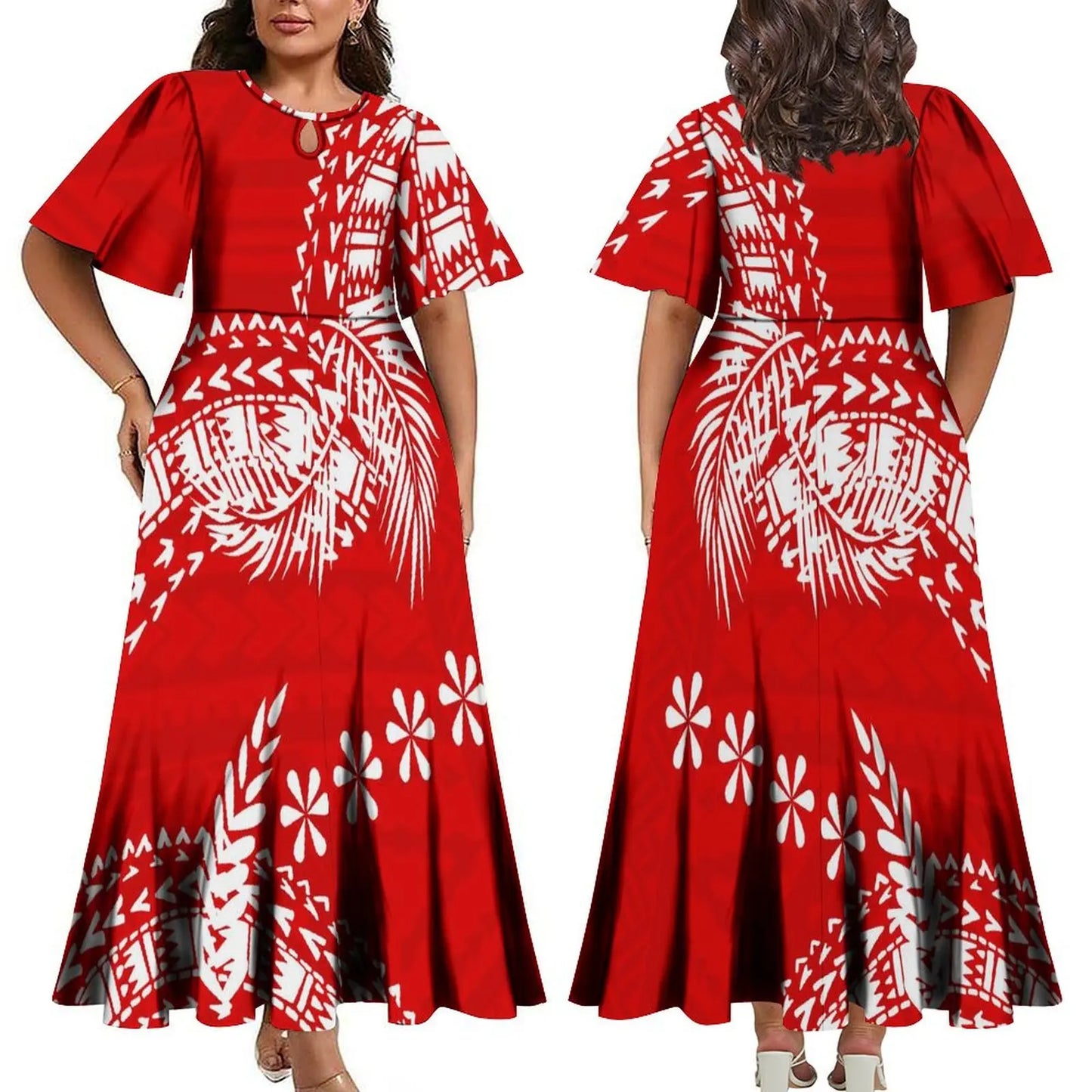 Women Elegant Plus Size Midi Pleated Polynesian Crew Neck Short Sleeve Dress