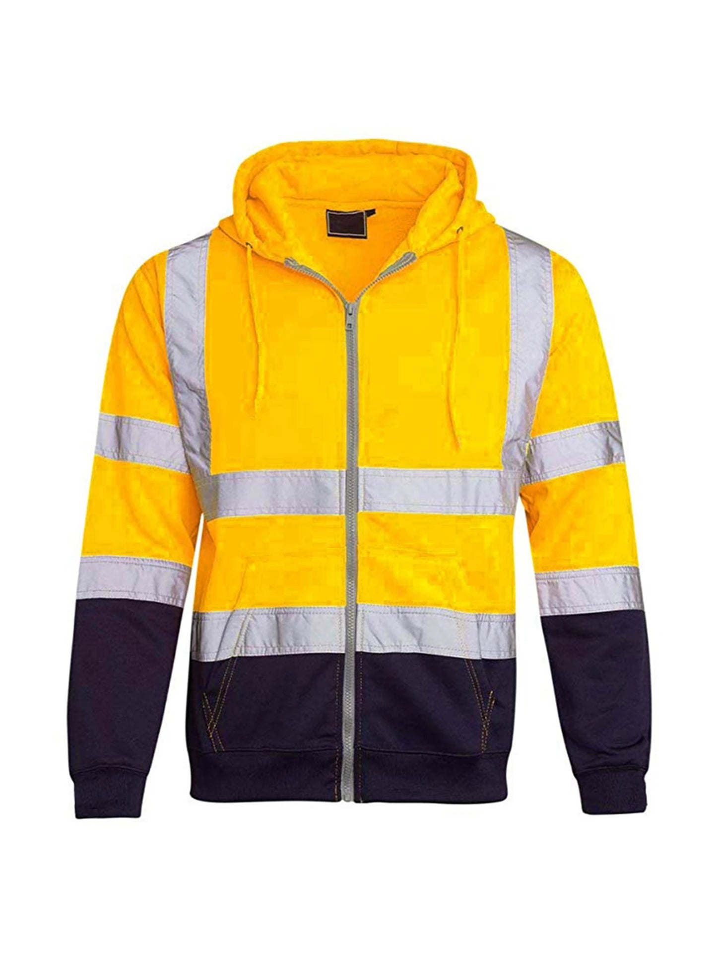 Mens High Visibility Jacket Long Sleeve Zipper Hooded Coat Hi-Vis Safety Reflective Sweatshirt