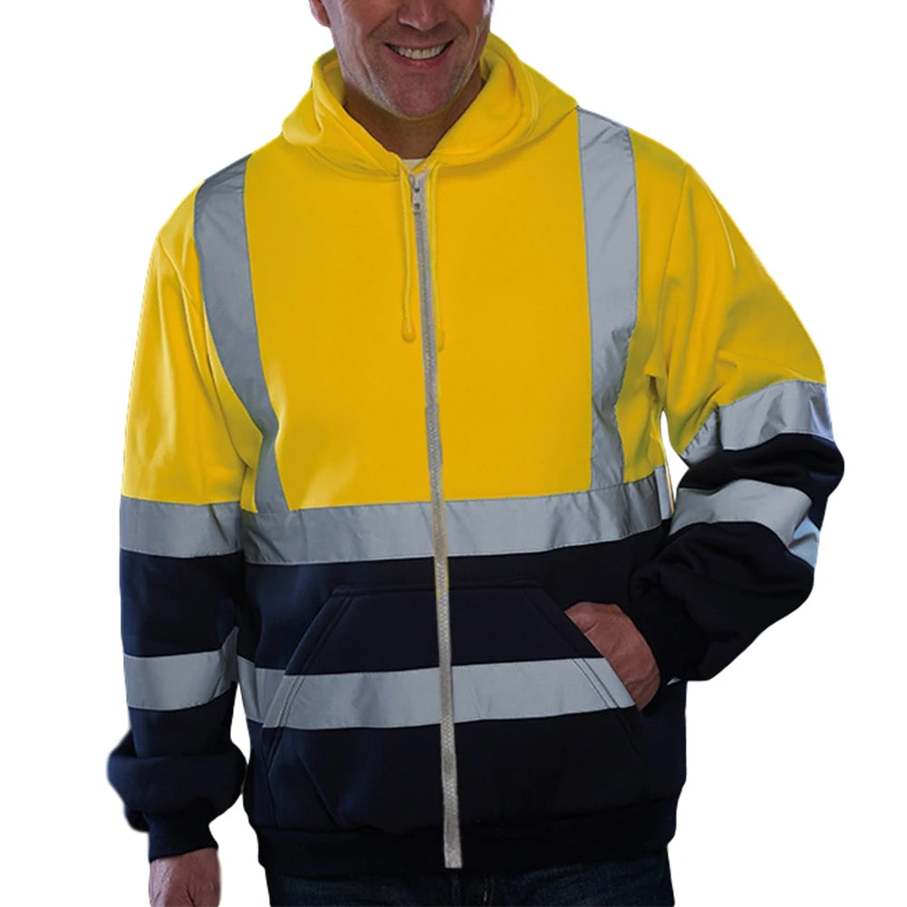 Mens High Visibility Jacket Long Sleeve Zipper Hooded Coat Hi-Vis Safety Reflective Sweatshirt