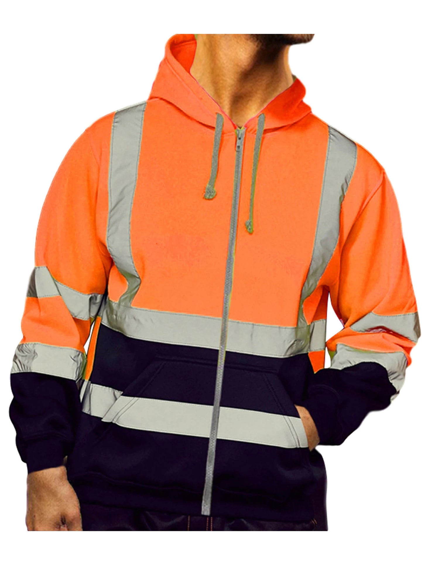 Mens High Visibility Jacket Long Sleeve Zipper Hooded Coat Hi-Vis Safety Reflective Sweatshirt