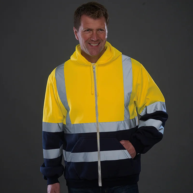 Mens High Visibility Jacket Long Sleeve Zipper Hooded Coat Hi-Vis Safety Reflective Sweatshirt