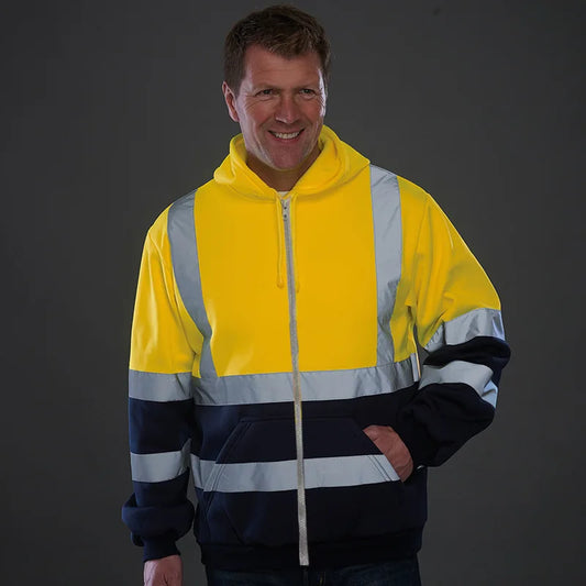 Mens High Visibility Jacket Long Sleeve Zipper Hooded Coat Hi-Vis Safety Reflective Sweatshirt