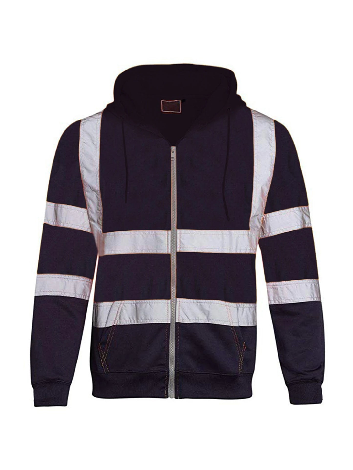 Mens High Visibility Jacket Long Sleeve Zipper Hooded Coat Hi-Vis Safety Reflective Sweatshirt
