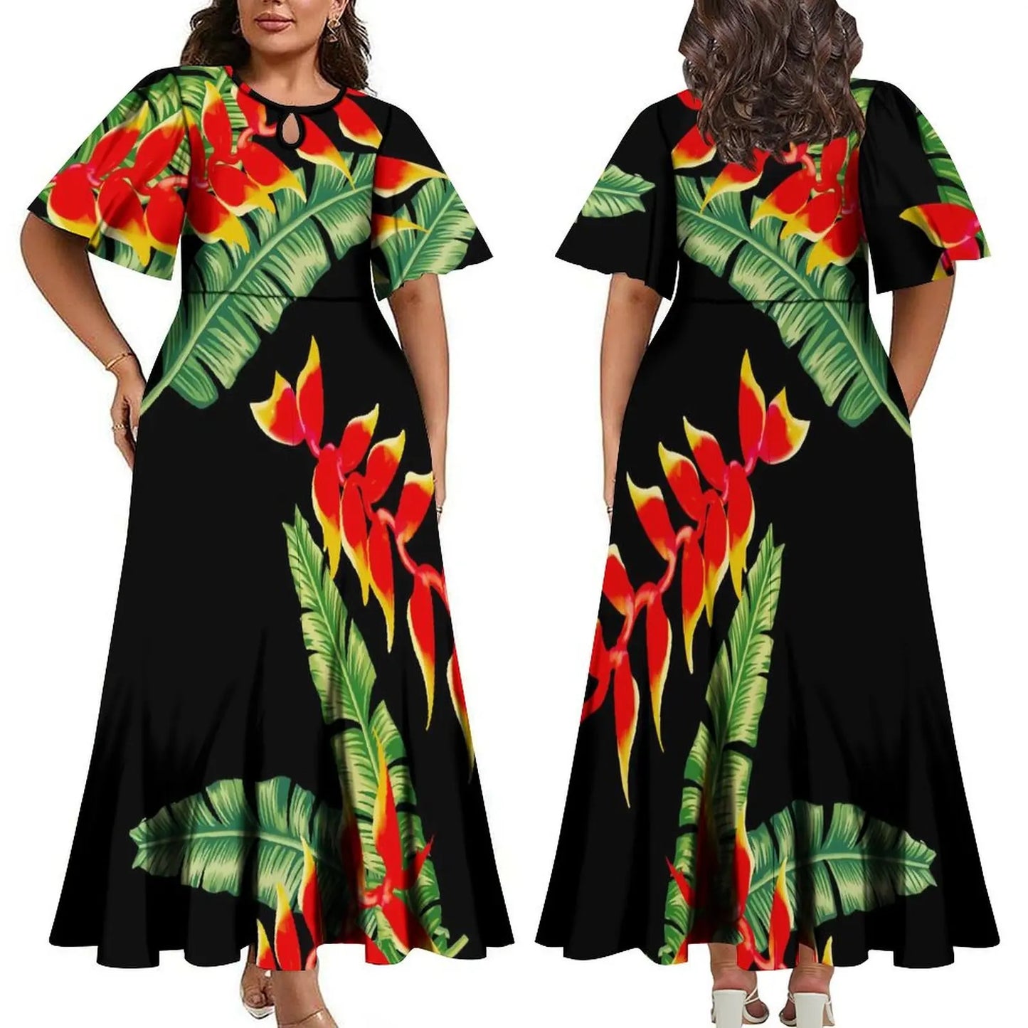 Women Elegant Plus Size Midi Pleated Polynesian Crew Neck Short Sleeve Dress