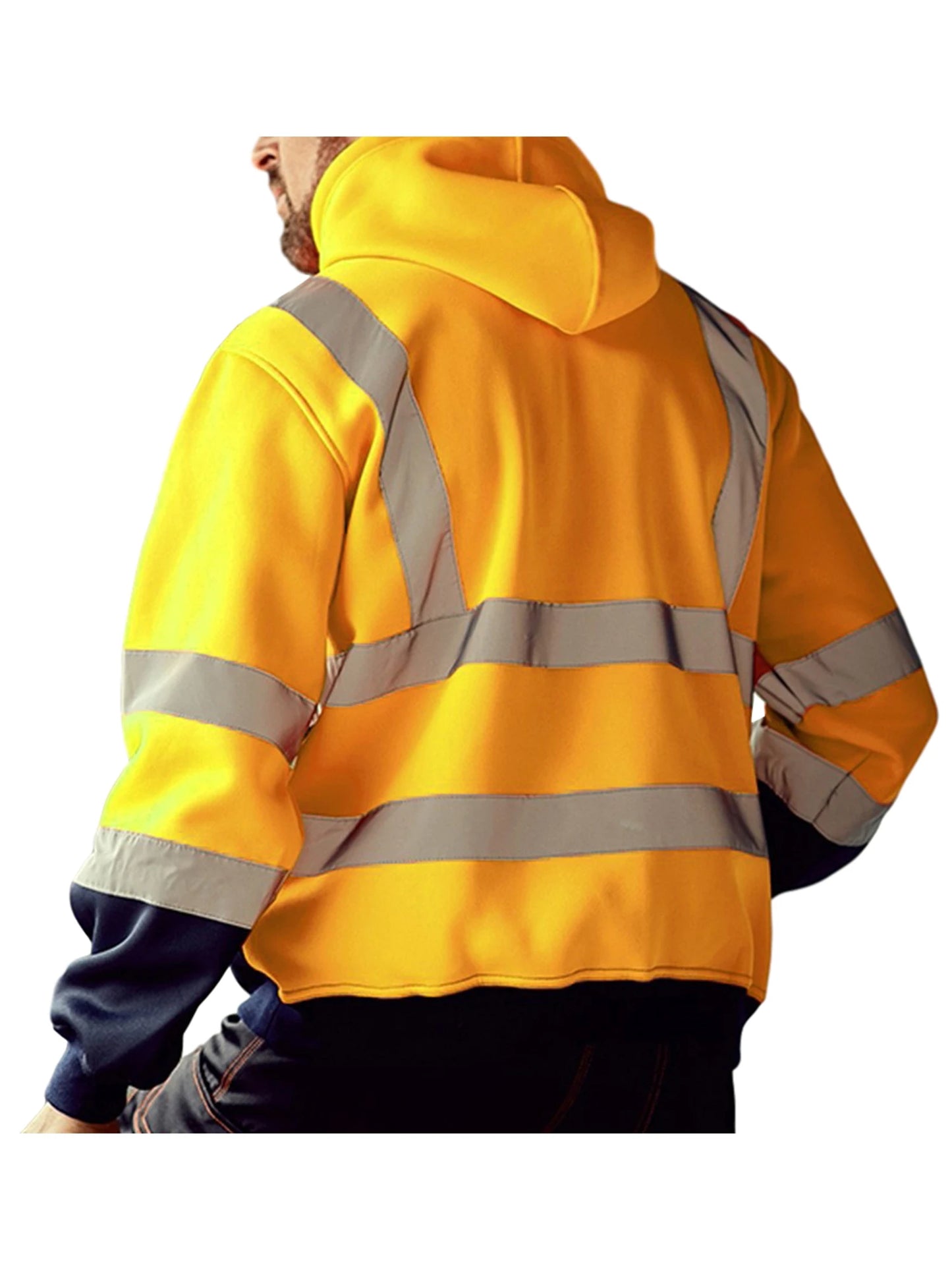 Mens High Visibility Jacket Long Sleeve Zipper Hooded Coat Hi-Vis Safety Reflective Sweatshirt
