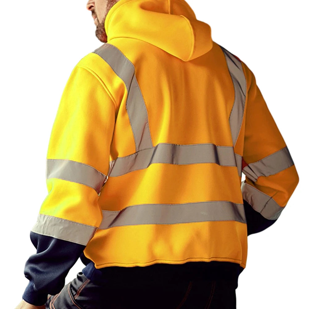 Mens High Visibility Jacket Long Sleeve Zipper Hooded Coat Hi-Vis Safety Reflective Sweatshirt