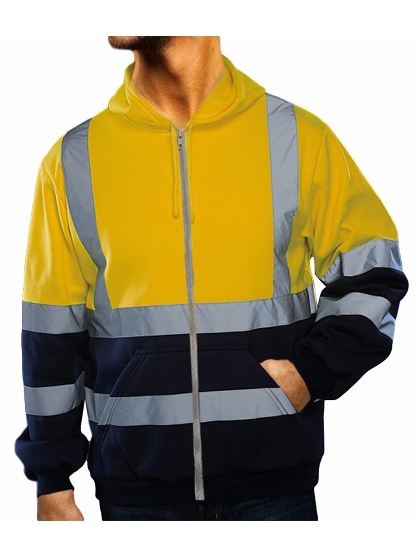 Mens High Visibility Jacket Long Sleeve Zipper Hooded Coat Hi-Vis Safety Reflective Sweatshirt
