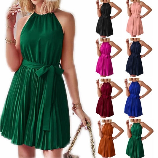Halter Fala Strapless Dresses For Women Solid Pleated Skirt Summer Beach Sundress