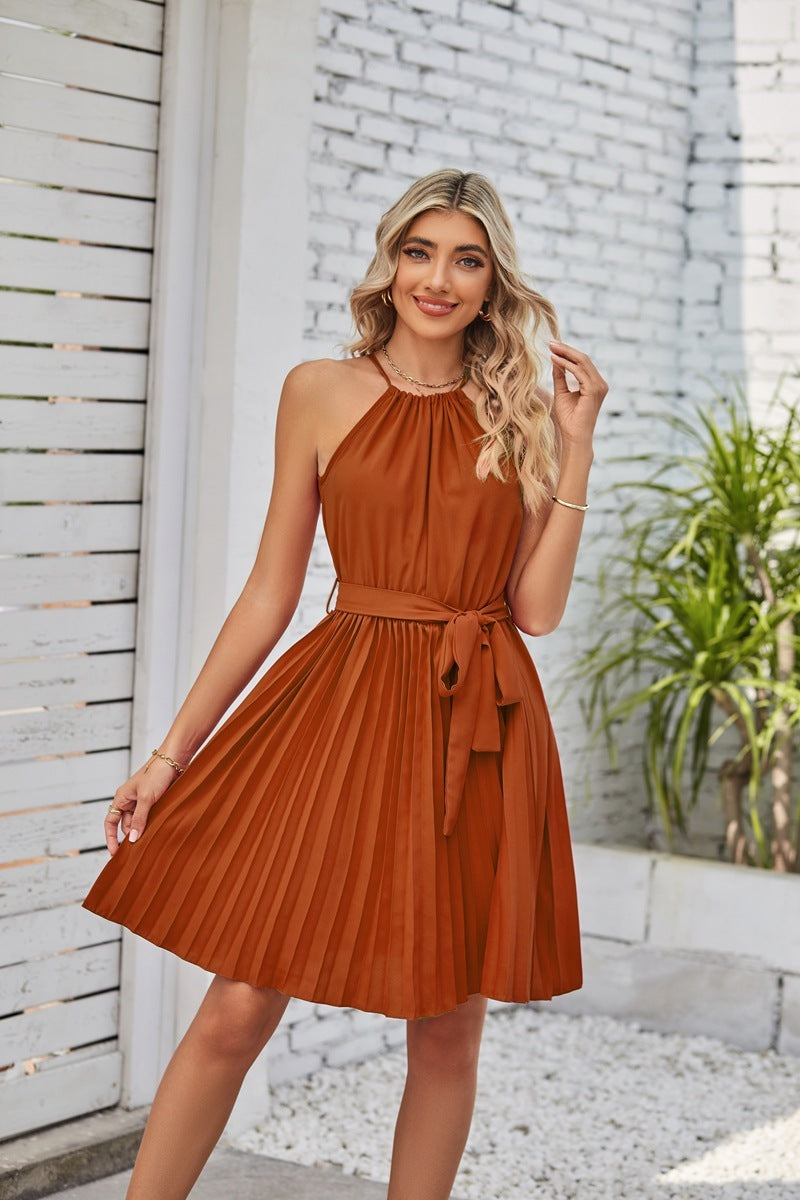 Halter Fala Strapless Dresses For Women Solid Pleated Skirt Summer Beach Sundress