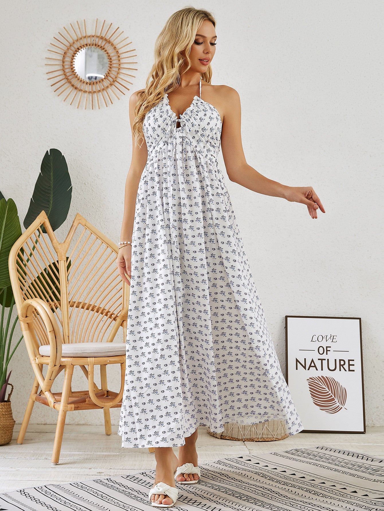 Bohemian Halter Dress - Women's Summer Sleeveless Flowy Beach Dress