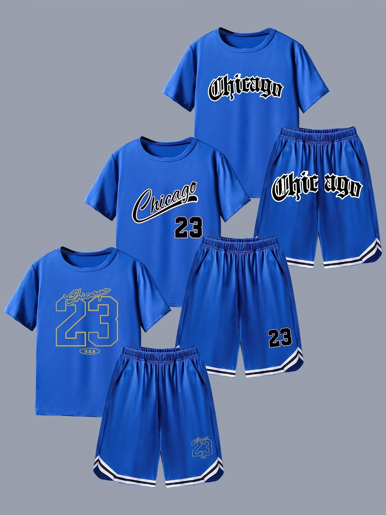 Random 1 Set - Boy's Fashion Co Ord Set With CHICAGO 23 Design Print, Comfy Short Sleeve T-shirt & Versatile Cozy Shorts Set, Ideal For Daily And Outdoor Wear