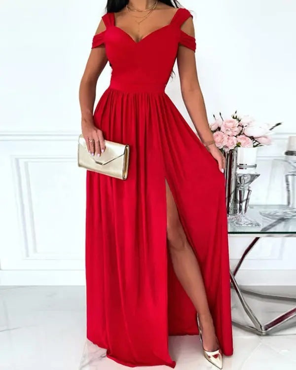 V-neck Spaghetti Strap Dress Women Split Long Flowy Dresses For Party Beach