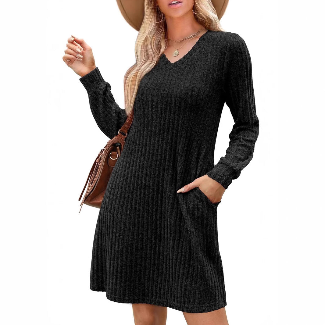 V-neck Pocket Sunken Stripe Brushed Long Sleeve Leisure Dress