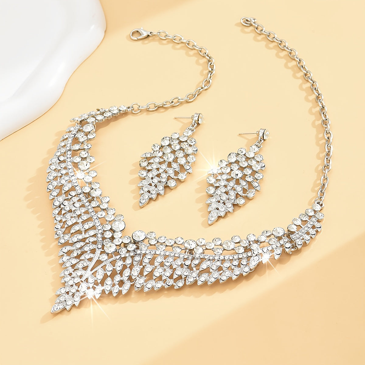 Luxury Rhinestone Statement Necklace And Earrings Set, Exaggerated Jewelry For Women, Glamorous Wedding Accessories Gifts For Eid