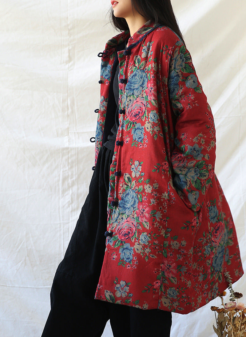 Winter Cotton And Linen Women Retro Art Floral Print Cotton Clothing Cotton Coat