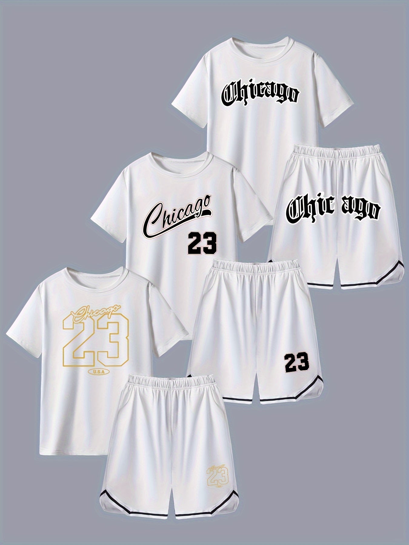 Random 1 Set - Boy's Fashion Co Ord Set With CHICAGO 23 Design Print, Comfy Short Sleeve T-shirt & Versatile Cozy Shorts Set, Ideal For Daily And Outdoor Wear