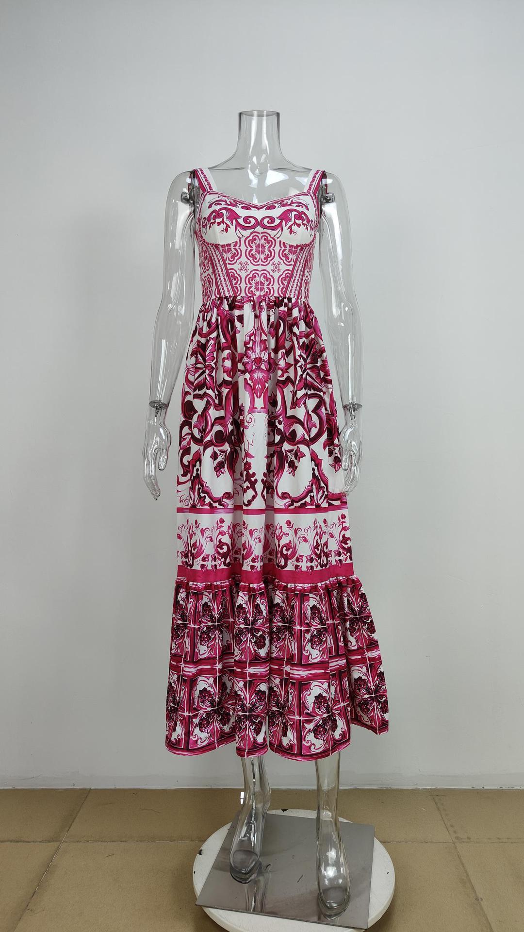 Printed Sleeveless Dress Fashion Temperament Spaghetti Waist-controlled Large Hem Dresses For Women